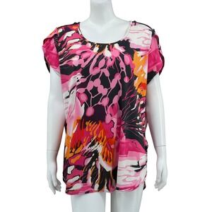 Kate & Mallory Top Women 1X Pink Black Abstract Floral Stretch Artsy Office Work